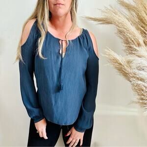GOSILK Blue Silk Cold Shoulder Long Sleeve Tie Tassel Boho Blouse Shirt Top S